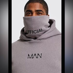 Boohooman official Man snood hooded gray and black embroidered sweatshirt S